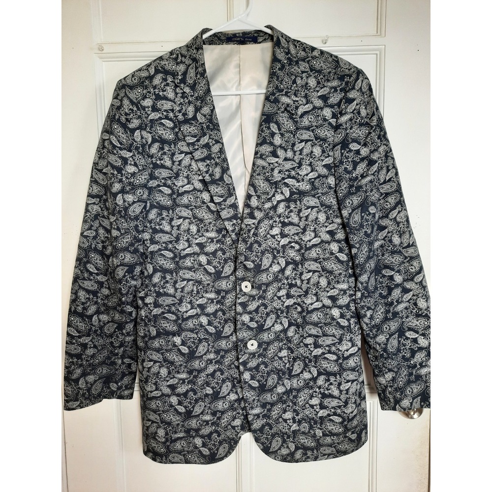 Alan Flusser Men's Small Paisley Single Breasted Blazer Navy Blue Linen Blend